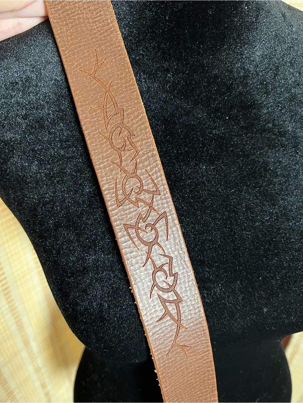 Vintage Leather Tribal Cross Laser Etched Belt Size 36 Made in USA Brown Y2K